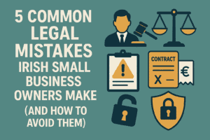 Graphic titled “5 Common Legal Mistakes Irish Small Business Owners Make (And How to Avoid Them)” featuring legal icons such as a contract, scales of justice, a solicitor, a warning sign and a padlock.