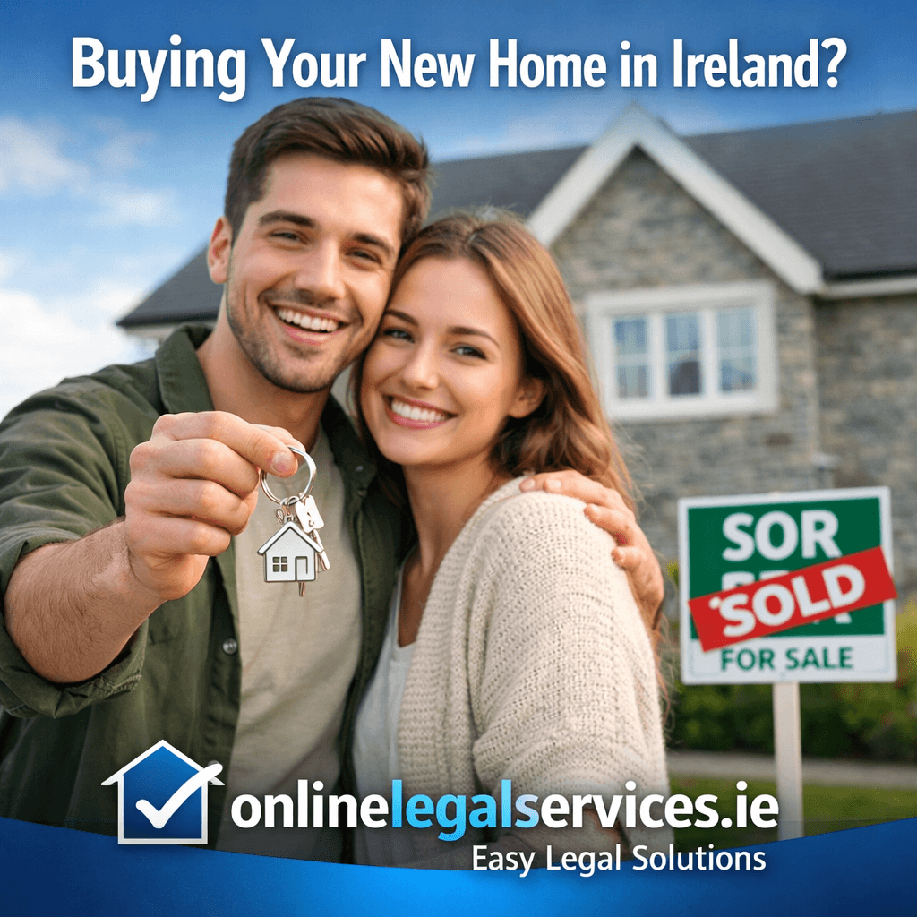 New couple buying a home in Ireland holding house keys with OnlineLegalServices.ie branding