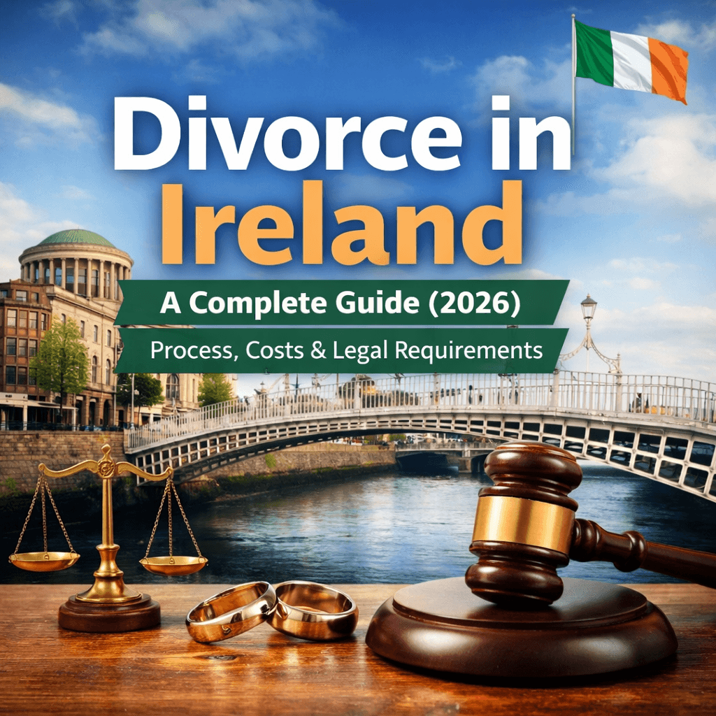 Divorce in Ireland guide graphic featuring the Four Courts Dublin, Irish flag, scales of justice and wedding rings with text “Divorce in Ireland – A Complete Guide (2026) Process, Costs & Legal Requirements”.