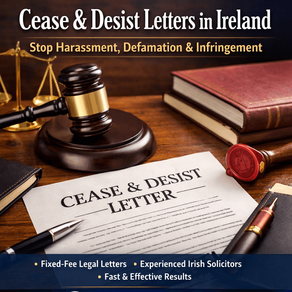 Cease and desist letter in Ireland on solicitor’s desk with gavel and legal scales – fixed fee Irish legal services for defamation and harassment cases
