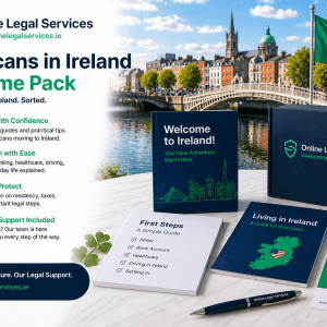 Americans in Ireland Welcome Pack with relocation guides, checklist documents, Irish and US flags, and Dublin city backdrop.