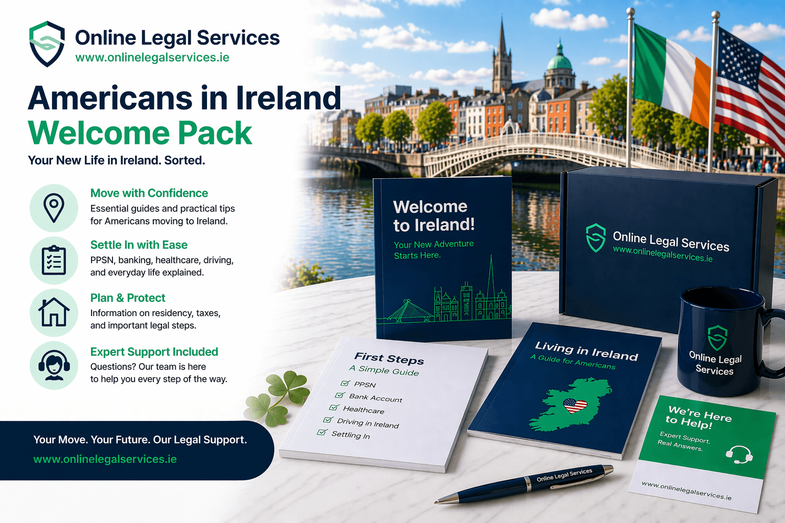 Americans in Ireland Welcome Pack with relocation guides, checklist documents, Irish and US flags, and Dublin city backdrop.