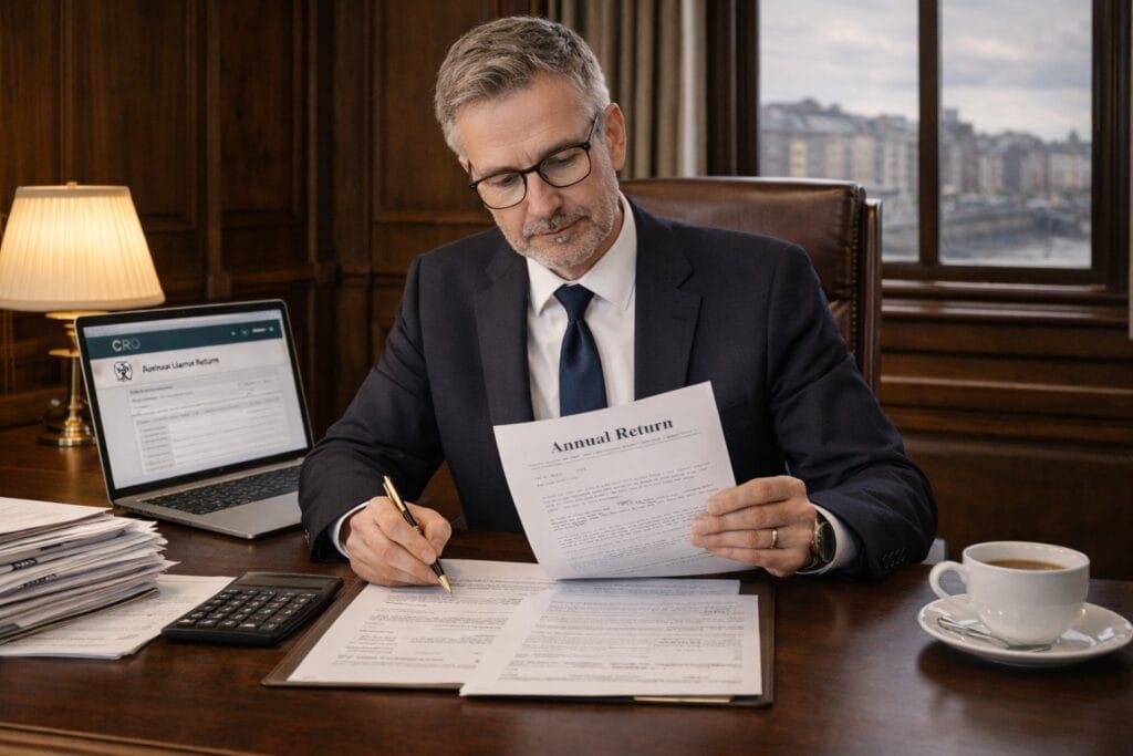 Professional accountant reviewing annual return documents in a traditional Irish office