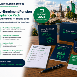 Auto-Enrolment Pension Compliance Pack Ireland 2026 with pension guides, compliance checklist, EU and Irish flags, and Dublin city backdrop