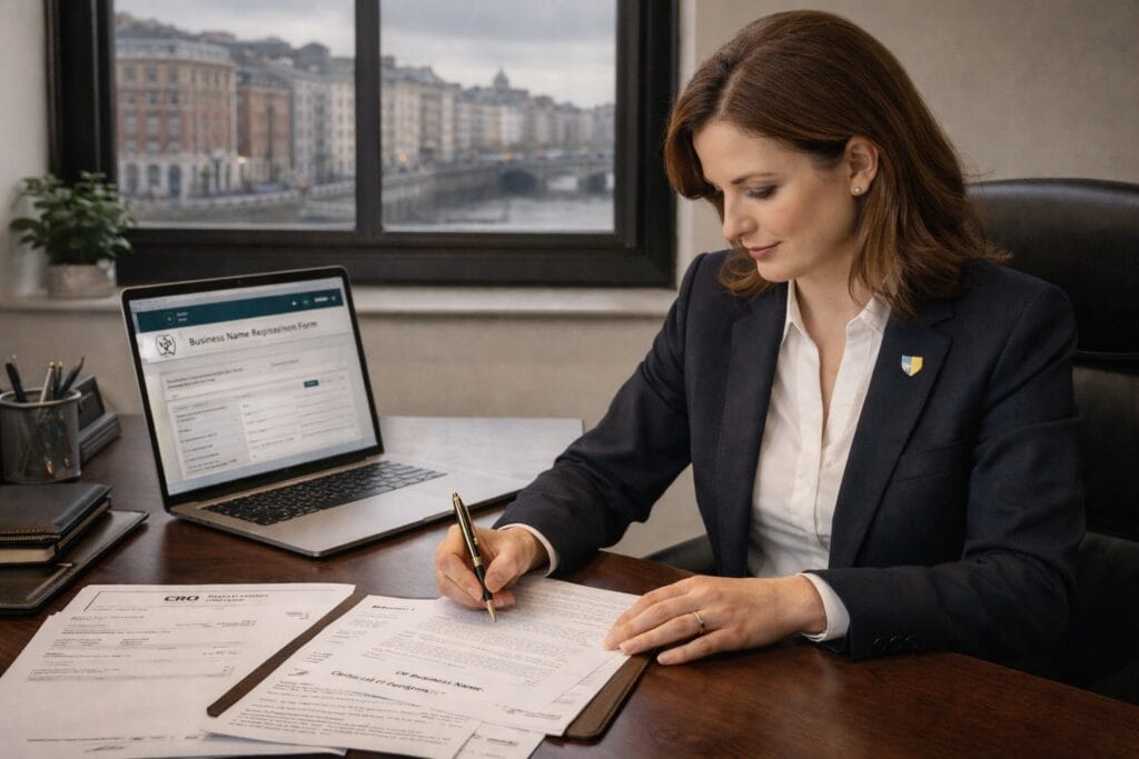 Professional businesswoman completing business name registration paperwork at a modern Irish office with Dublin cityscape