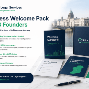 Business Welcome Pack for US founders expanding to Ireland with legal startup guides, Irish and US flags, and Dublin city backdrop.