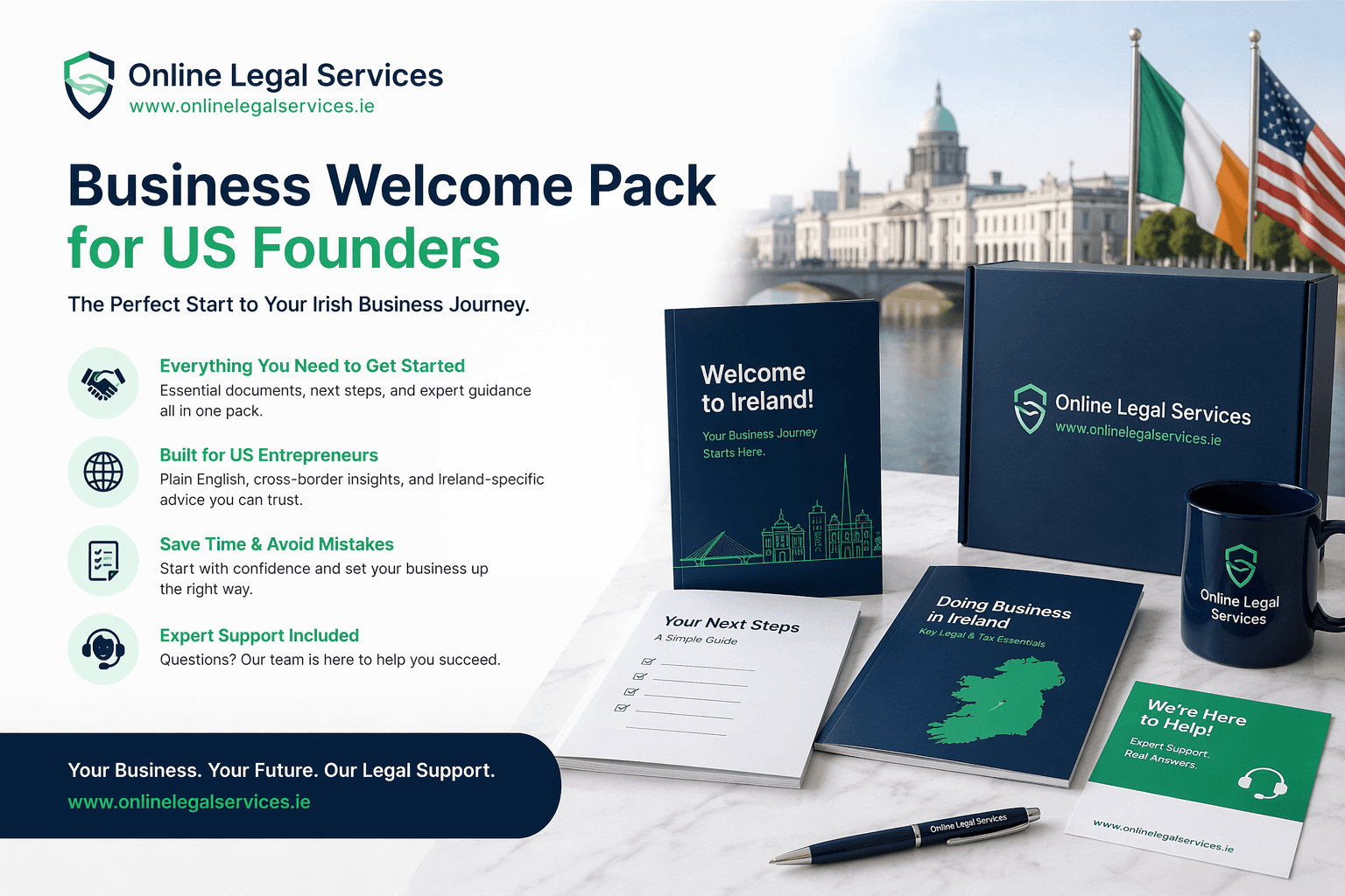 Business Welcome Pack for US founders expanding to Ireland with legal startup guides, Irish and US flags, and Dublin city backdrop.