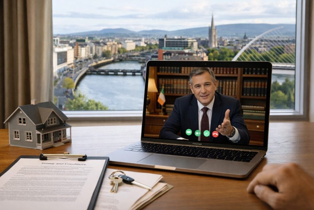 Remote property purchase consultation with Irish solicitor via video call with Dublin cityscape