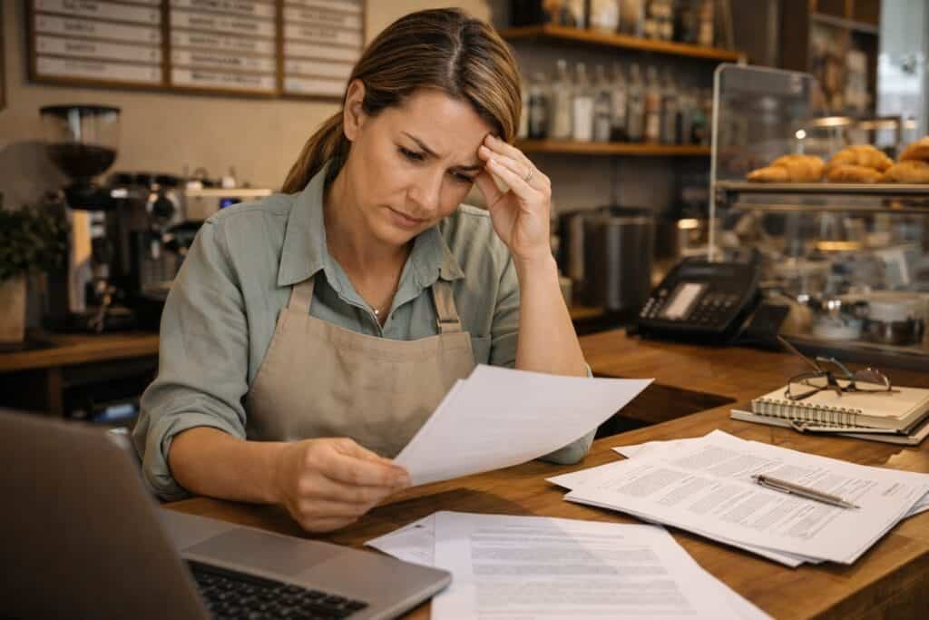 Small business owner reviewing legal documents and contracts at desk