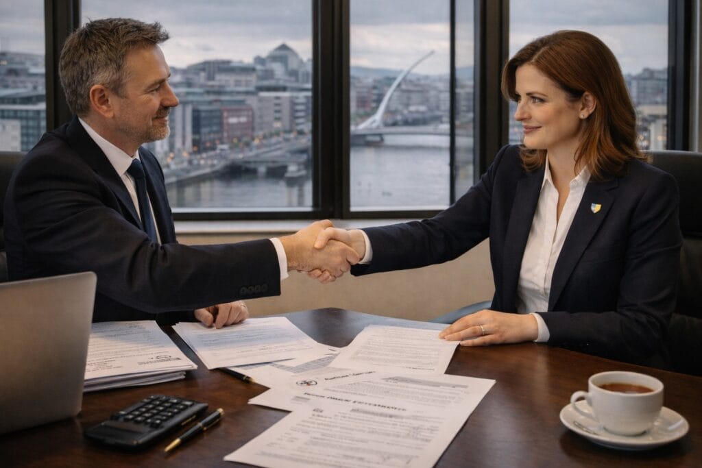 Business partners shaking hands after company formation in a modern Dublin office
