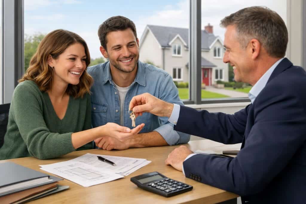 Couple receiving house keys from solicitor with property documents and calculator on desk in Ireland