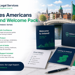 Couples Americans in Ireland Welcome Pack with relocation guides, Irish and US flags, Dublin city backdrop, and support materials for couples moving to Ireland.