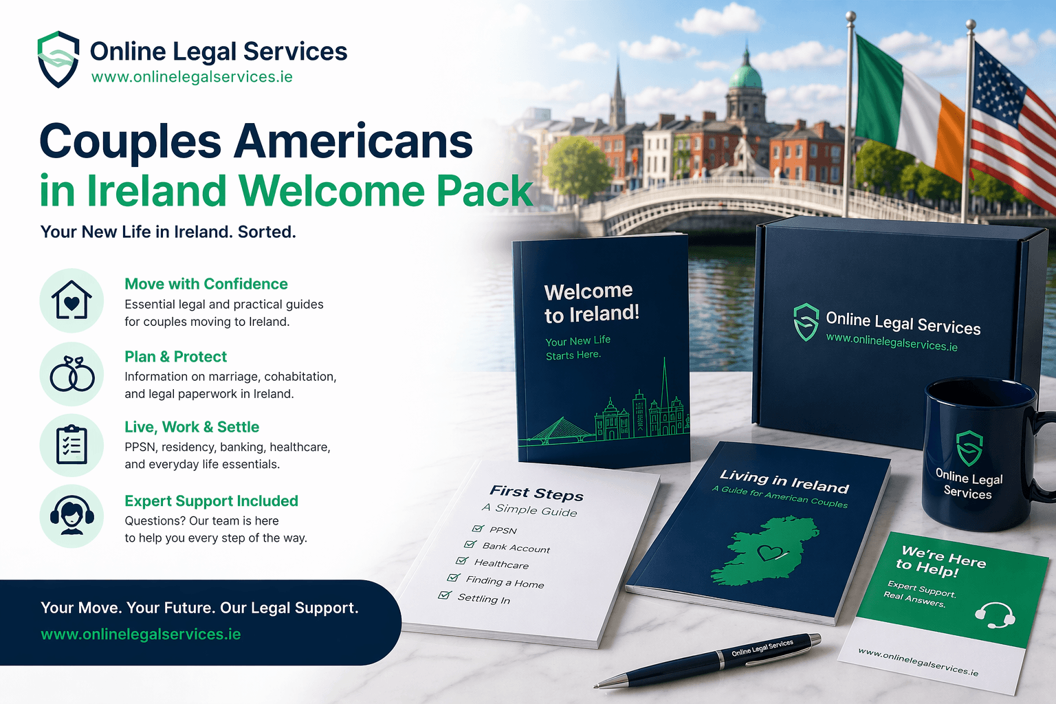 Couples Americans in Ireland Welcome Pack with relocation guides, Irish and US flags, Dublin city backdrop, and support materials for couples moving to Ireland.