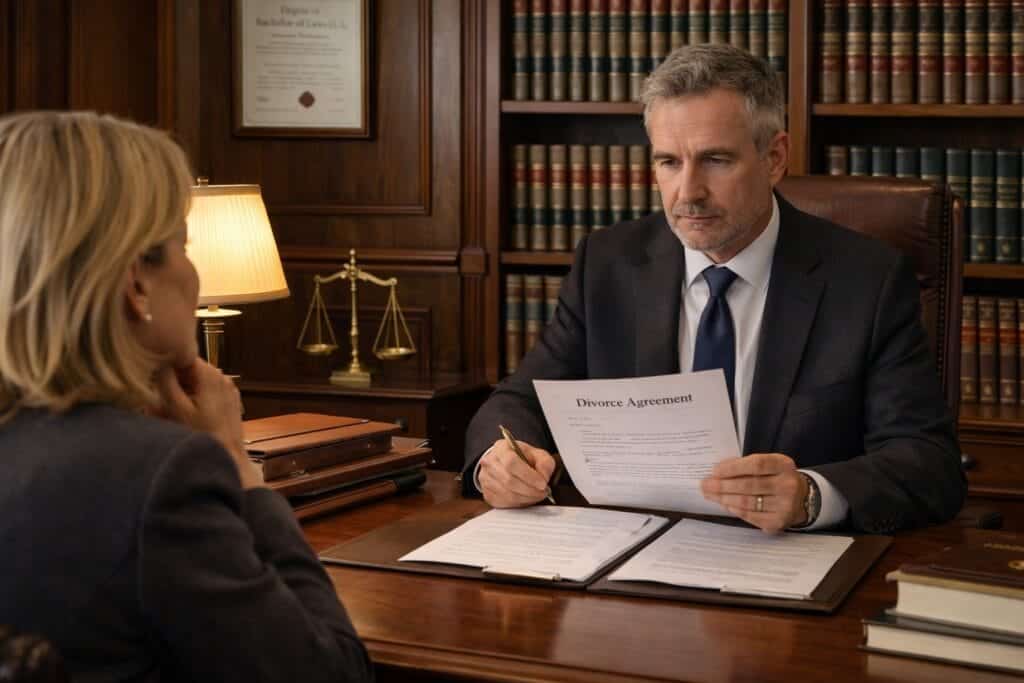 Irish divorce solicitor consulting with client in traditional Dublin law office