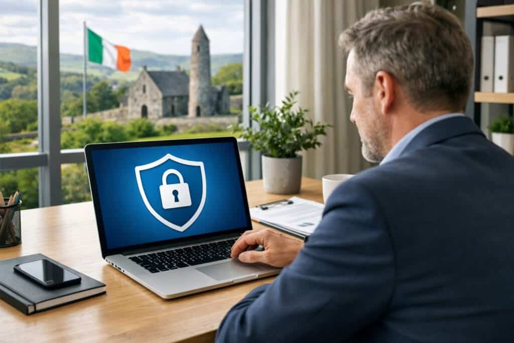 Business owner working on GDPR compliance at a desk with laptop showing privacy shield in a modern Irish office