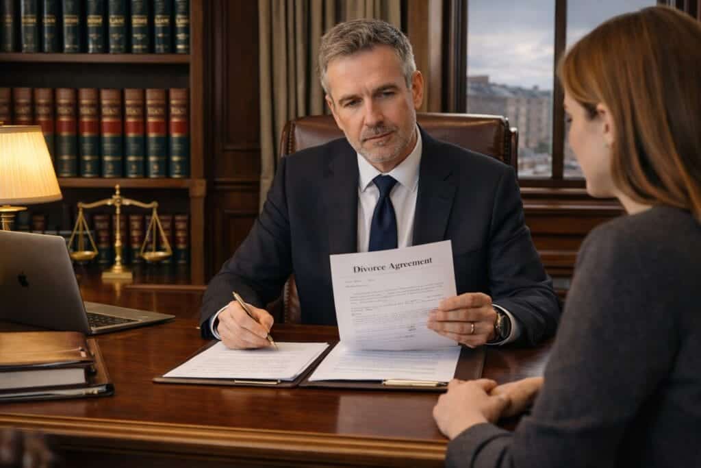 Irish solicitor reviewing divorce agreement documents with client in a professional law office