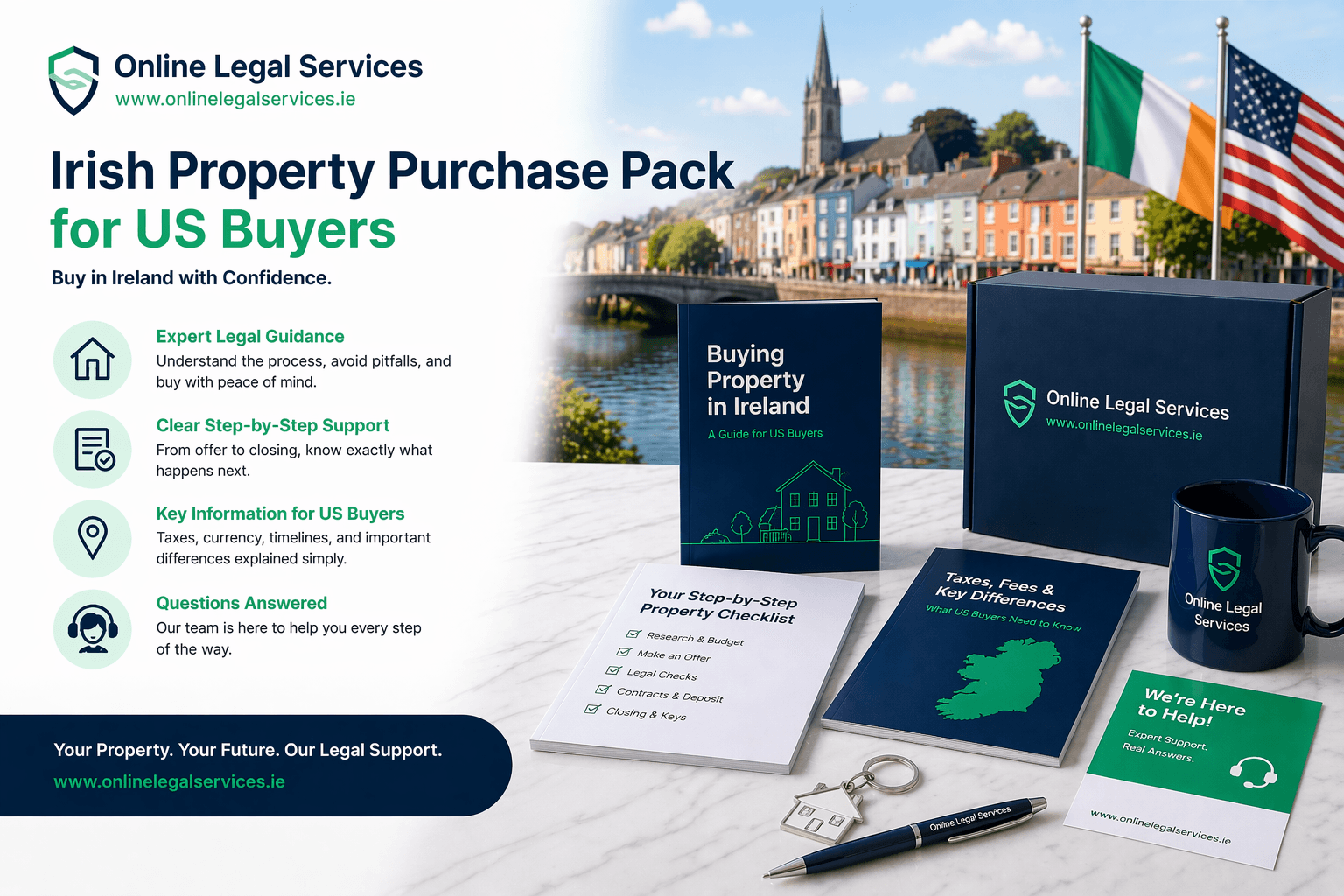 Irish Property Purchase Pack for US buyers with home buying guides, keys, Irish and US flags, and scenic Irish town backdrop.