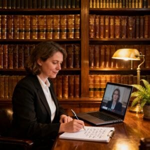 Female Irish solicitor conducting a 15-minute video consultation from a traditional law office