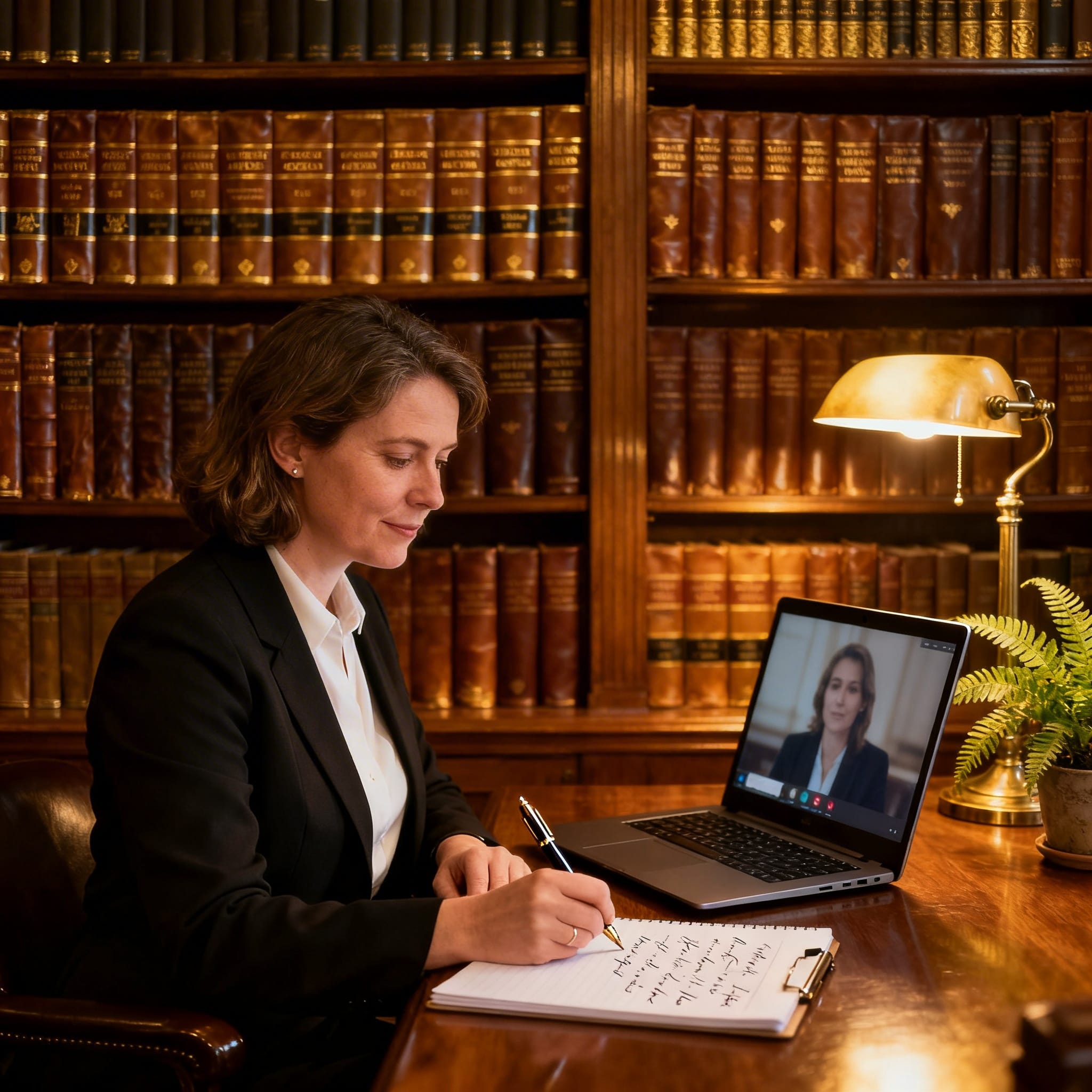 Female Irish solicitor conducting a 15-minute video consultation from a traditional law office