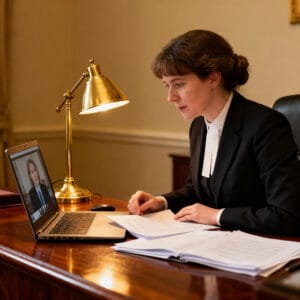 Professional Irish solicitor providing a 30-minute online legal consultation from a traditional law office