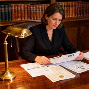 Professional female Irish solicitor managing annual company compliance documentation in a traditional law office
