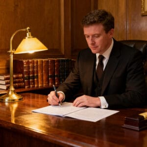 Senior male Irish solicitor advising on business exit strategy and succession planning in a traditional law office
