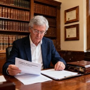 Male Irish solicitor examining corporate and commercial legal documents for a business client in a traditional law office