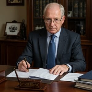 Male Irish solicitor examining corporate and commercial legal documents for a business client in a traditional law office