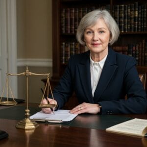 Female Irish solicitor preparing legal correspondence and claim documentation in a traditional law office