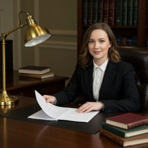 Female Irish solicitor preparing official legal declarations and certified documentation in a traditional law office