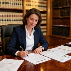 Female Irish solicitor drafting a cohabitation agreement in a traditional law office