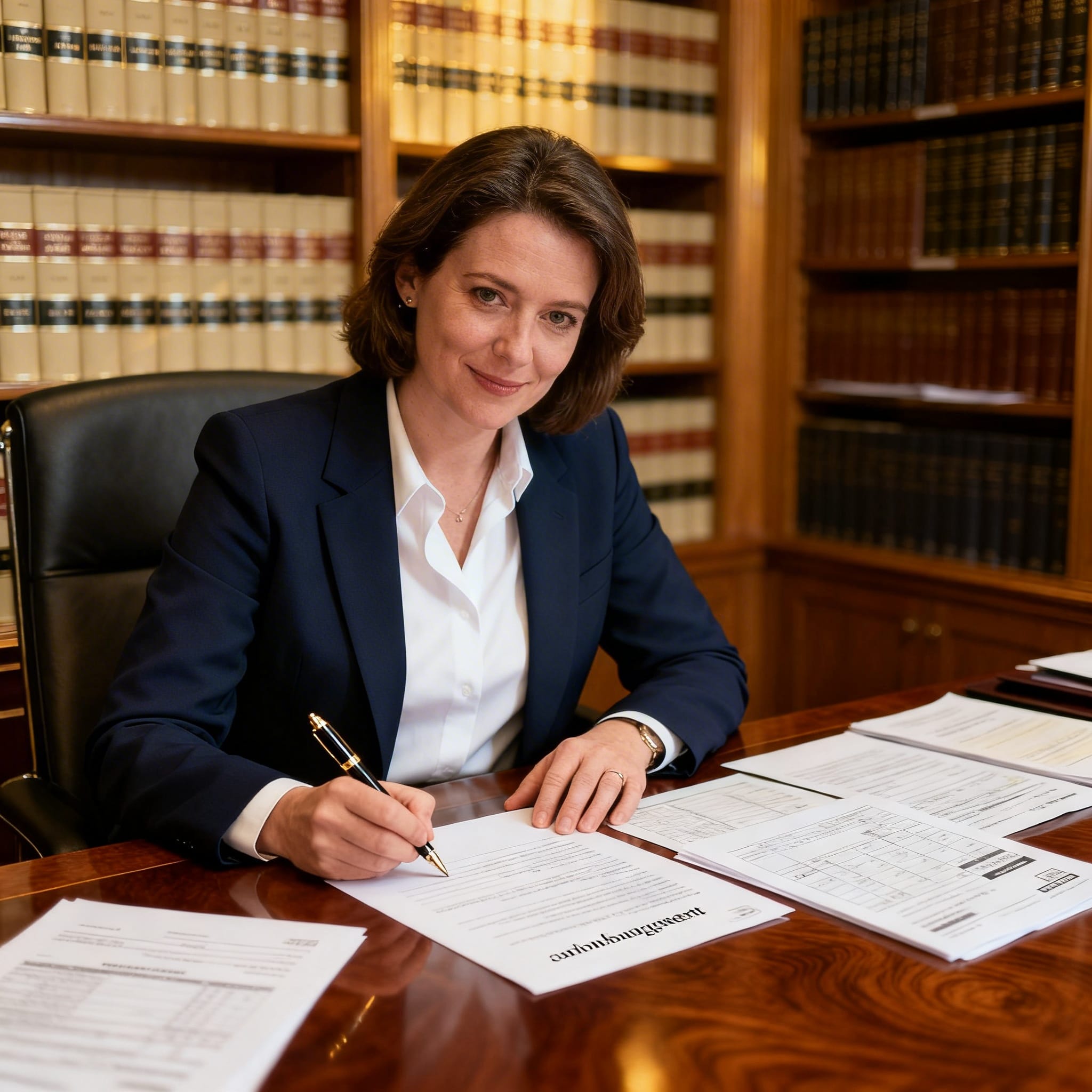 Female Irish solicitor drafting a cohabitation agreement in a traditional law office