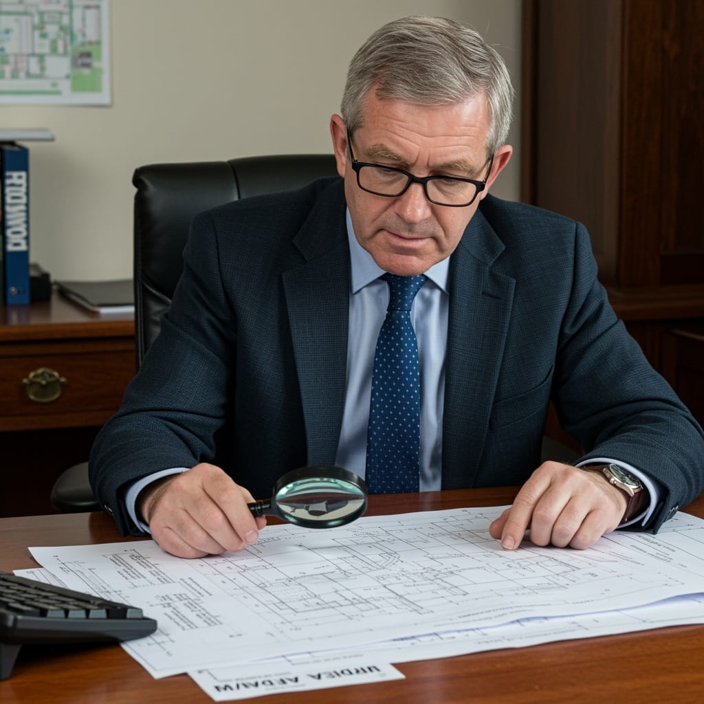 Male Irish solicitor reviewing a commercial lease agreement for tenants in a traditional law office