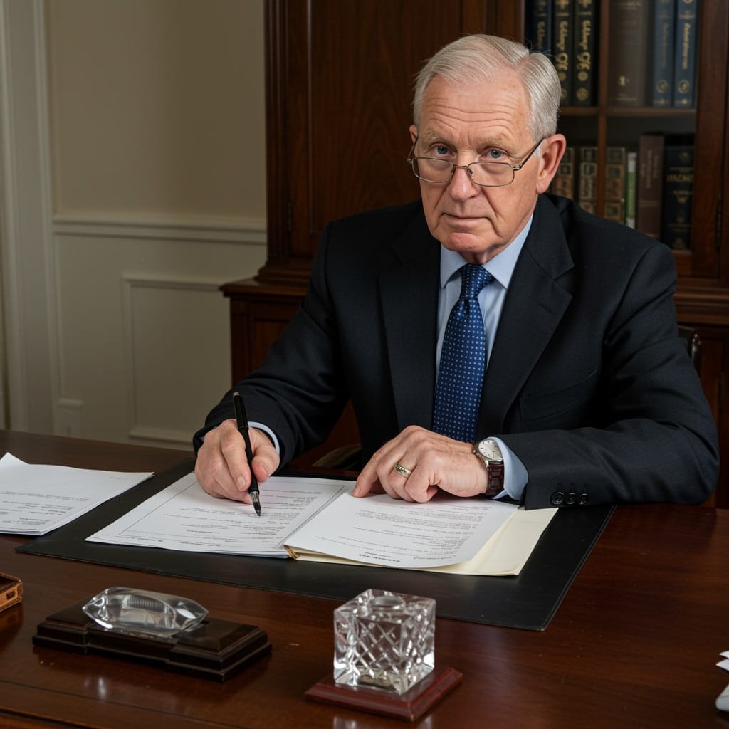 Male Irish solicitor reviewing property law documents and conveyancing papers with detailed annotatio in a traditional law office