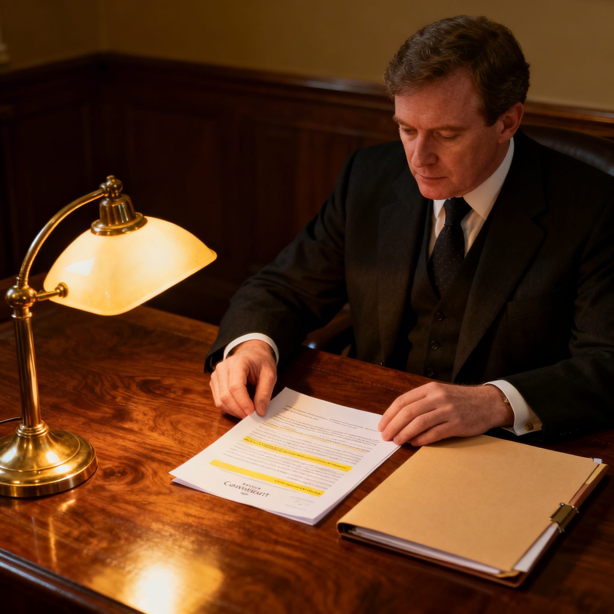 Male Irish solicitor meticulously reviewing a commercial contract with highlighted sections in a traditional law office