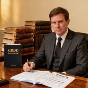 Male Irish solicitor preparing a data breach response pack with GDPR documentation
