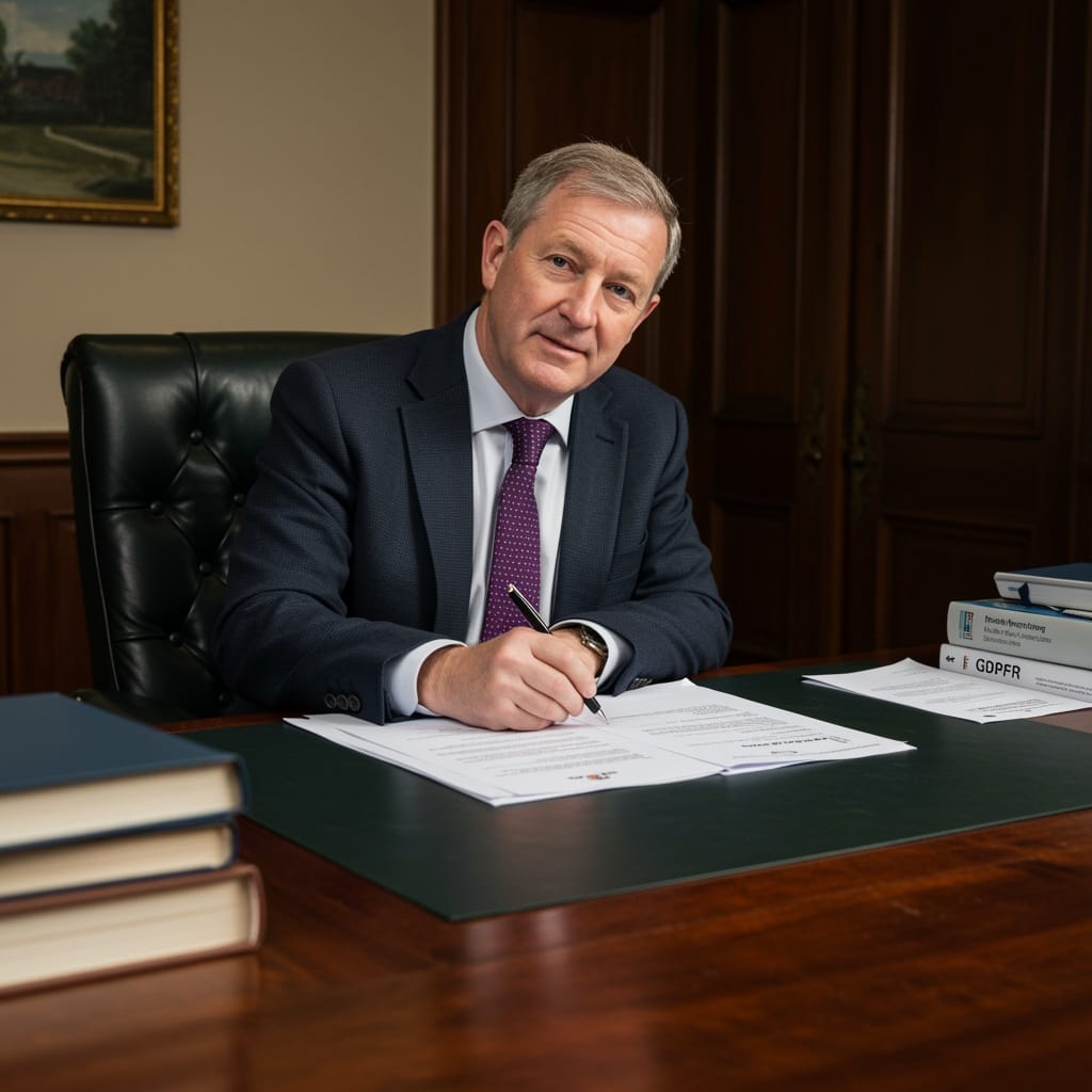 Senior male Irish solicitor drafting a data processing agreement in a traditional law office