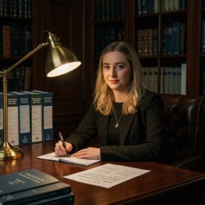 Female Irish solicitor working on data protection and GDPR compliance documentation in a traditional law office