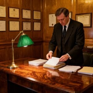Male Irish solicitor preparing legal correspondence and claim documentation in a traditional law office