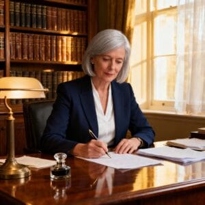 Senior female Irish solicitor drafting a deed of family arrangement in a traditional law office