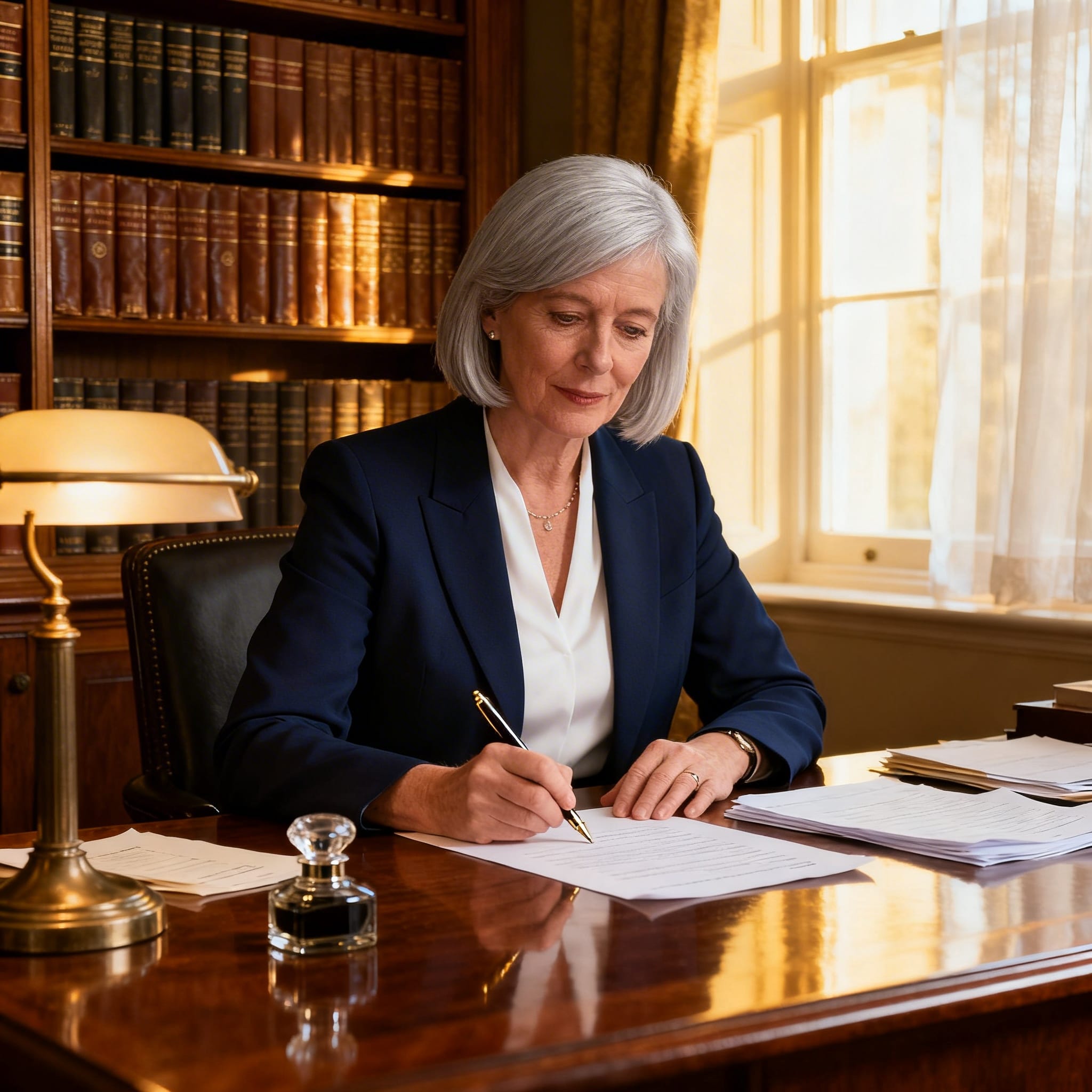 Senior female Irish solicitor drafting a deed of family arrangement in a traditional law office