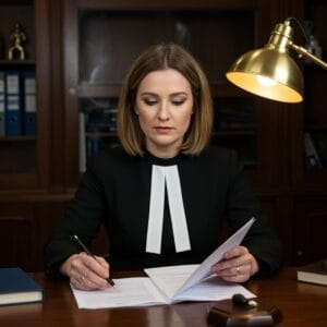 Female Irish solicitor reviewing divorce and separation documents in a traditional law office