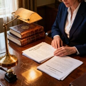 Female Irish solicitor reviewing employment law documentation and workplace policy documents in a traditional law office