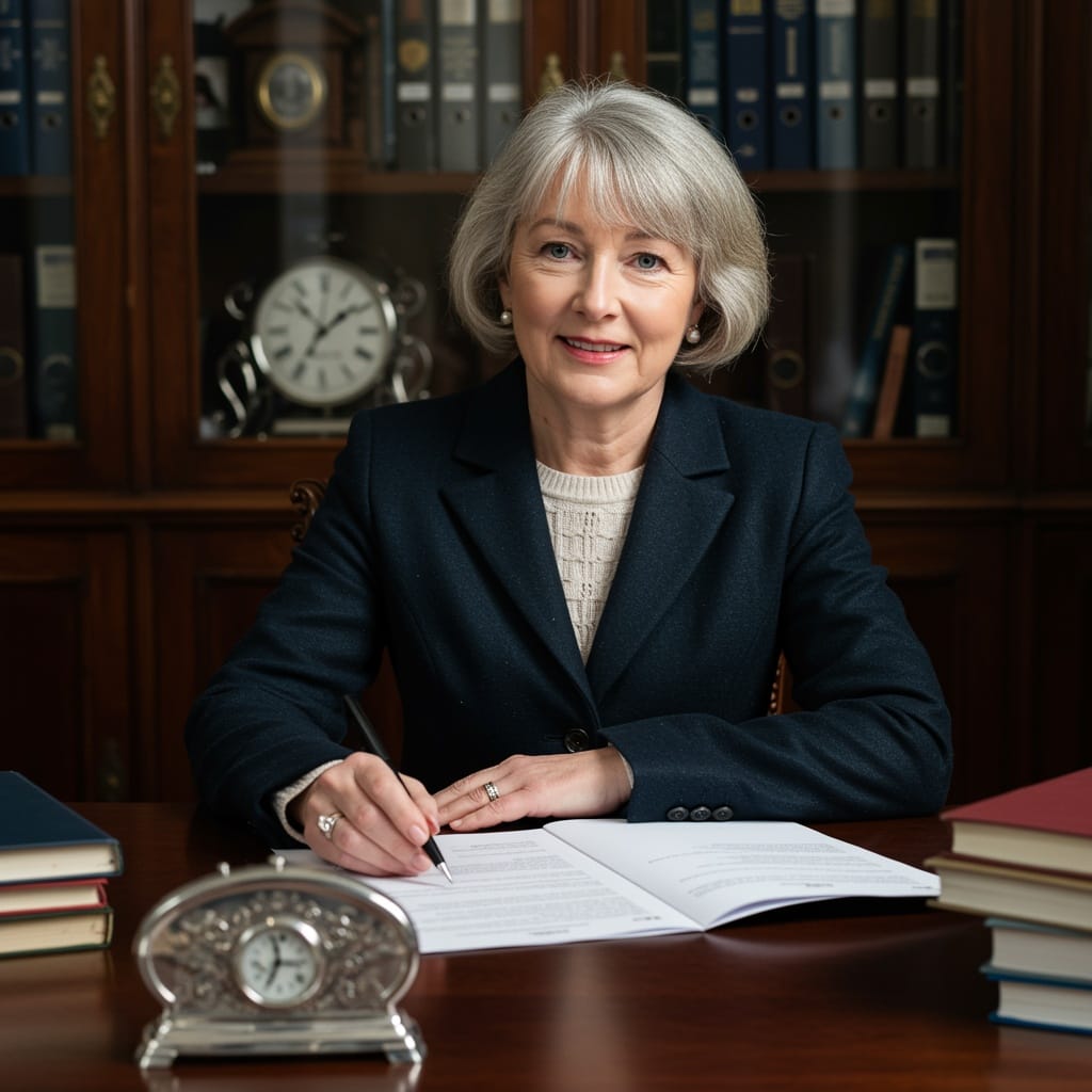 Female Irish solicitor reviewing employment law documentation and workplace policy documents in a traditional law office