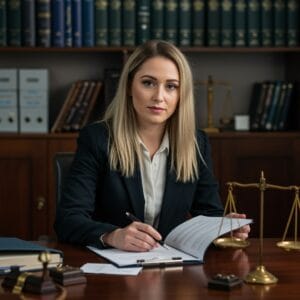 Female Irish solicitor reviewing employment law documentation and workplace policy documents in a traditional law office