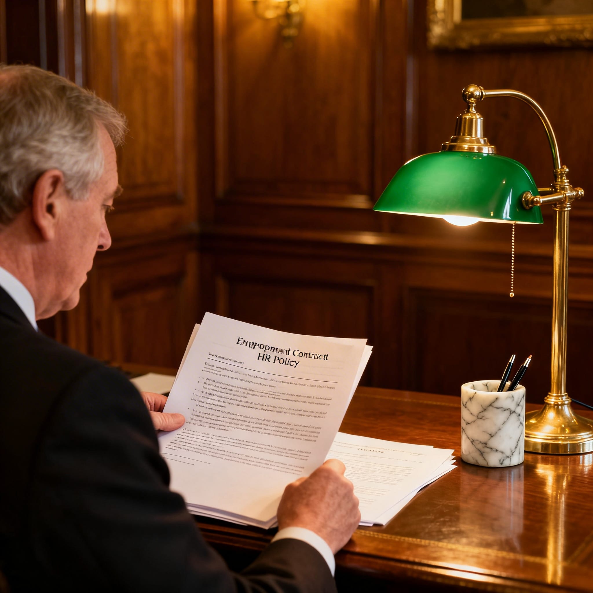 Male Irish solicitor reviewing employment law documentation and workplace policy documents in a traditional law office