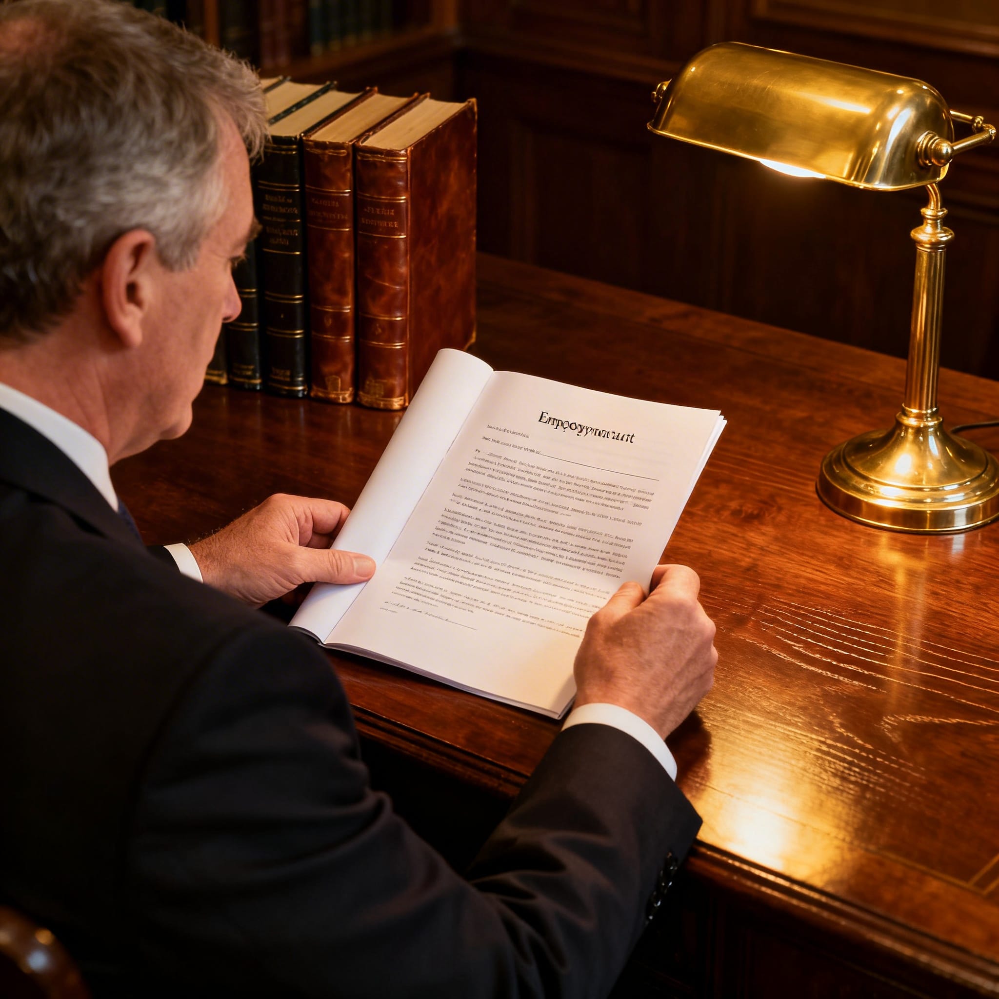 Experienced male Irish solicitor reviewing an employment contract in a traditional law office