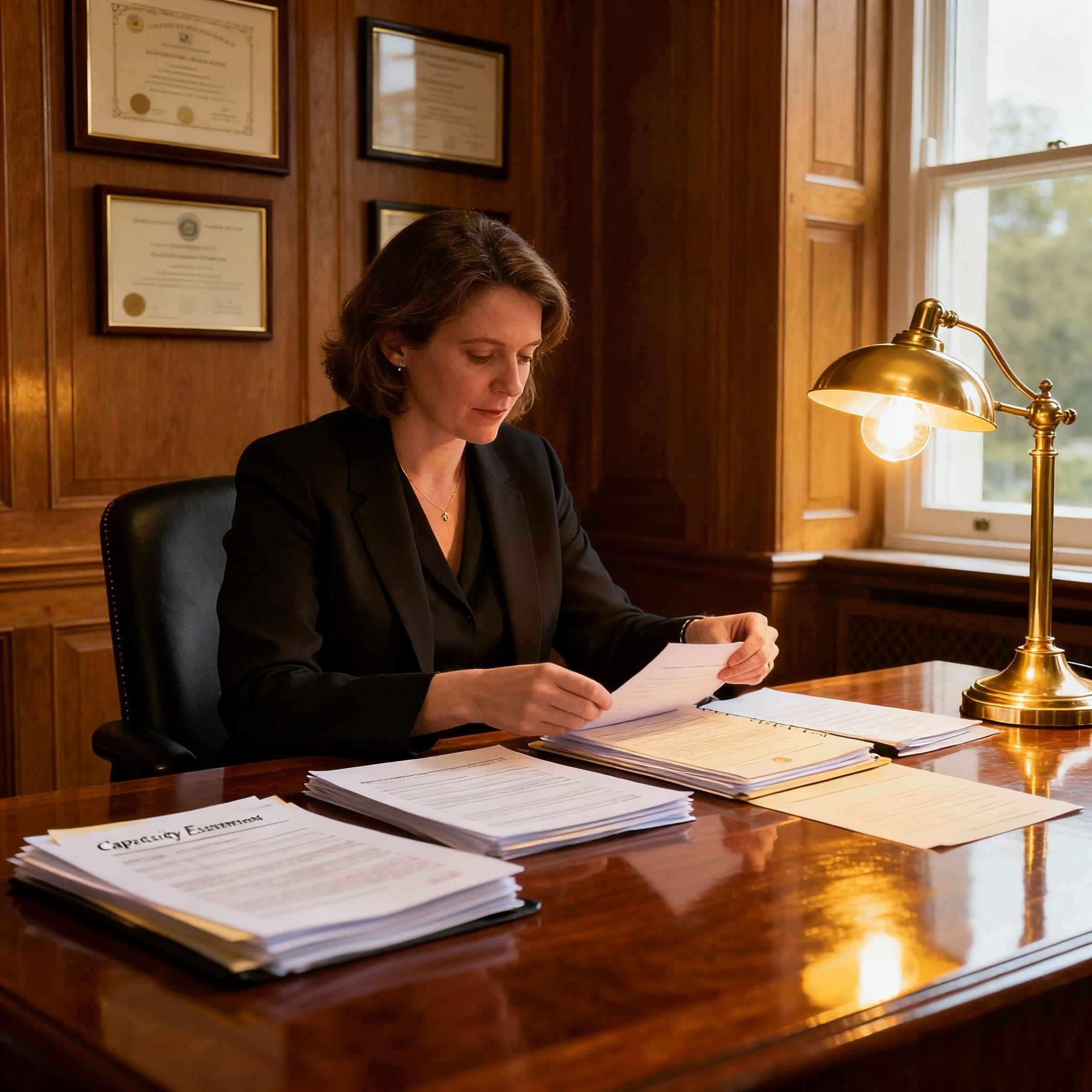 Female Irish solicitor preparing power of attorney documentation with care and precision in a traditional law office