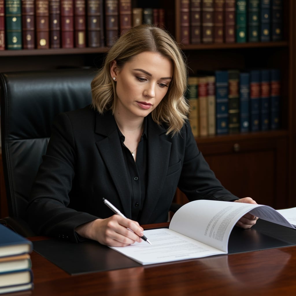 Professional female Irish solicitor assisting first-time home buyers with legal documentation in a traditional law office