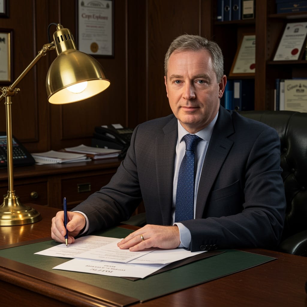 Male Irish solicitor preparing first-time buyer legal pack with conveyancing and will documents